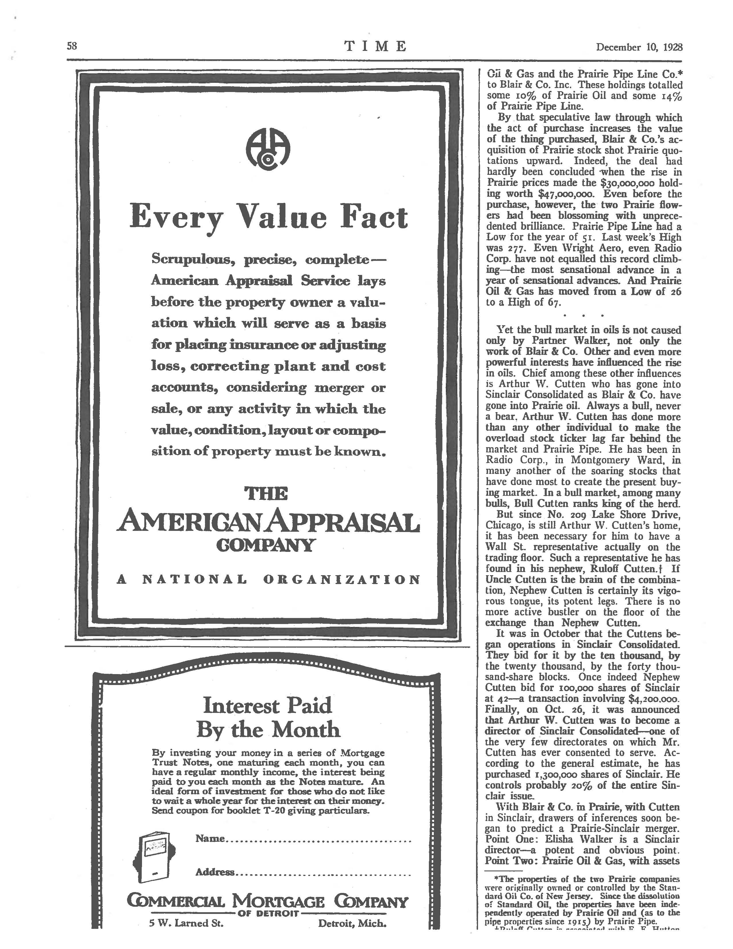 Arthur Cutten in Time Magazine December 10, 1928